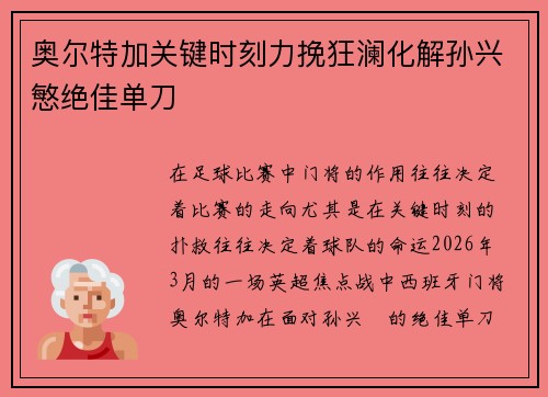 奥尔特加关键时刻力挽狂澜化解孙兴慜绝佳单刀