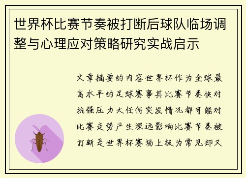 世界杯比赛节奏被打断后球队临场调整与心理应对策略研究实战启示